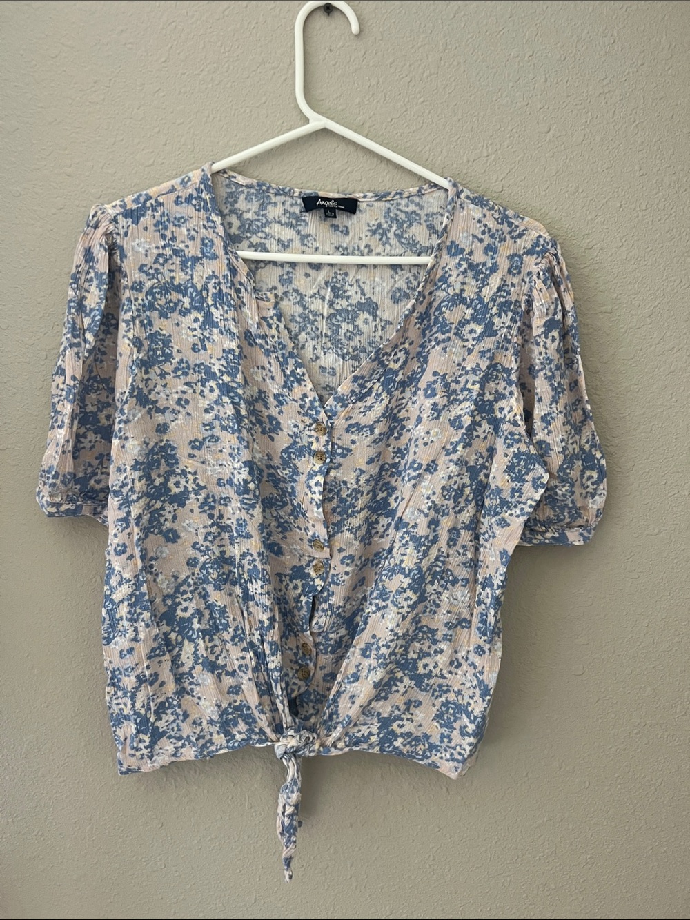 Angels Blue and Cream Floral Tie-Front Blouse